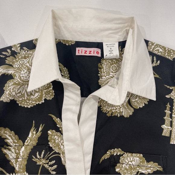 Tizzie Mini Dress Small Sleeveless Chinoiserie Black, Khaki White Trim Pockets - Picture 6 of 9